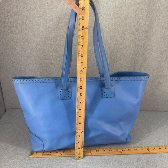 Tory Burch Blue Leather Tote Bag Perforated Details Gold Logo  Shopper Tote - Picture 9 of 15